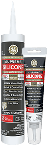 Image of two silicone sealant products, a large cartridge and a smaller tube, with 'Supreme Silicone' branding.