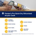 Image of Painter's Pro Quick Dry Siliconized Acrylic Caulk with key features and benefits.
