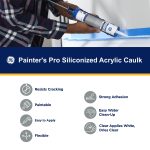 Image of GE Painter's Pro Siliconized Acrylic Caulk with key features like crack resistance and flexibility.