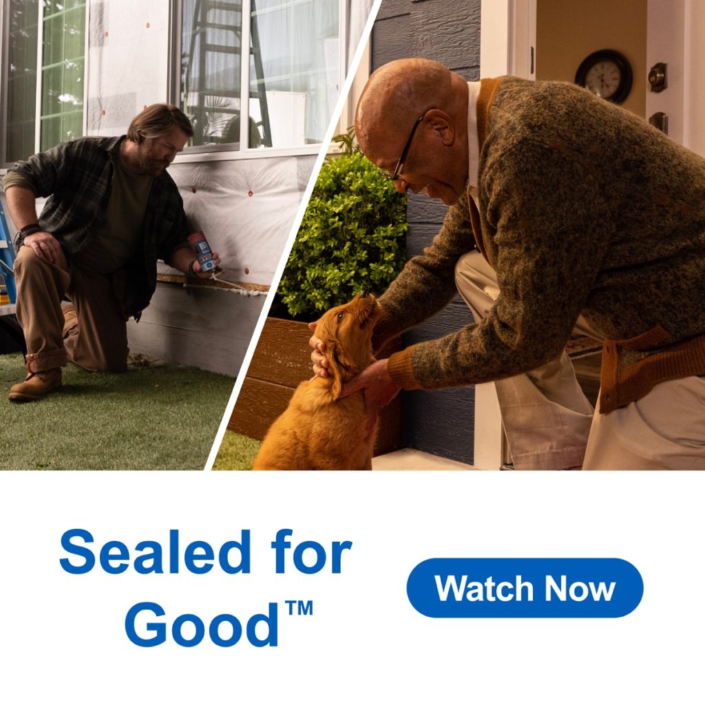 Image split between a person sealing an outdoor deck and another gently patting a dog, with the slogan Sealed for Good™.