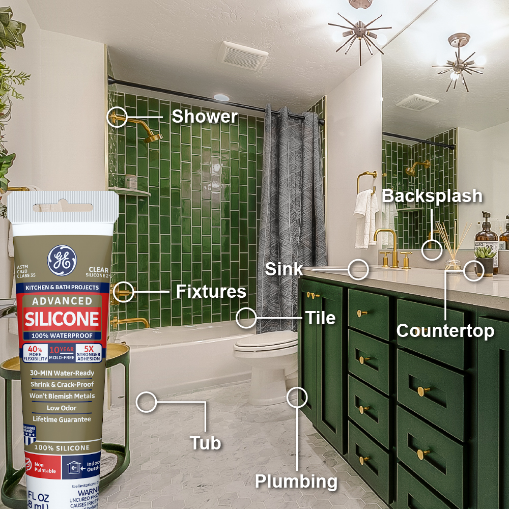 Scellant tout usage GE à silicone II pour cuisine et salle de bains,  résistant aux fissures et à l'eau, transparent, 299 mL