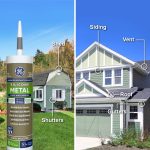 Image of GE Silicone Metal sealant with uses on home exterior like sheds, shutters, siding, and gutters.