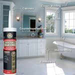 Image of GE Paintable Silicone Supreme caulk, with applications for cabinets, molding, and baseboards highlighted.