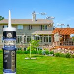Image of a paintable silicone supreme sealant tube with labels pointing to home exterior areas like trim, soffits, and doors for application.