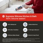 Photo of Supreme Silicone Kitchen & Bath sealant, highlighting its 100% waterproof, mold-free, flexible, strong adhesion, and durability properties.