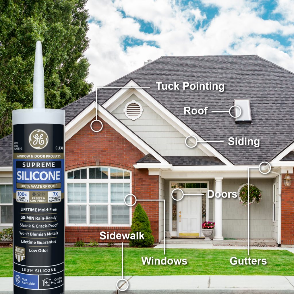 Outdoor Supreme Silicone Sealant uses can be tuck pointing, roof, siding, doors, gutters, windows, and sidewalks.