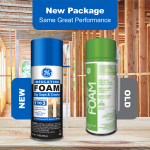 Image of new and old packaging for GE Insulating Foam for big gaps and cracks with a construction background.
