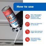 Image of insulating foam application with safety icons and instructions: wear protection, shake can, attach straw, dispense foam.