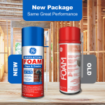 Image of new packaging for insulating foam, labeled for gaps and cracks, with construction background.