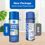 Image of new and old packaging of GE Insulating Foam for windows and doors, emphasizing consistent quality.