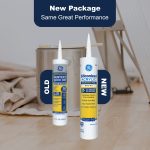 Photo of old and new packaging for GE Siliconized Acrylic Painter's Pro, highlighting product updates.