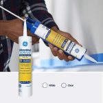 Image of siliconized acrylic Painter's Pro caulk being applied, available in white and clear options.