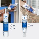 Image of siliconized acrylic caulk being applied to window and brick surfaces, available in white and clear.