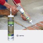 Image of light gray silicone concrete caulk being applied between bricks, with product details visible.