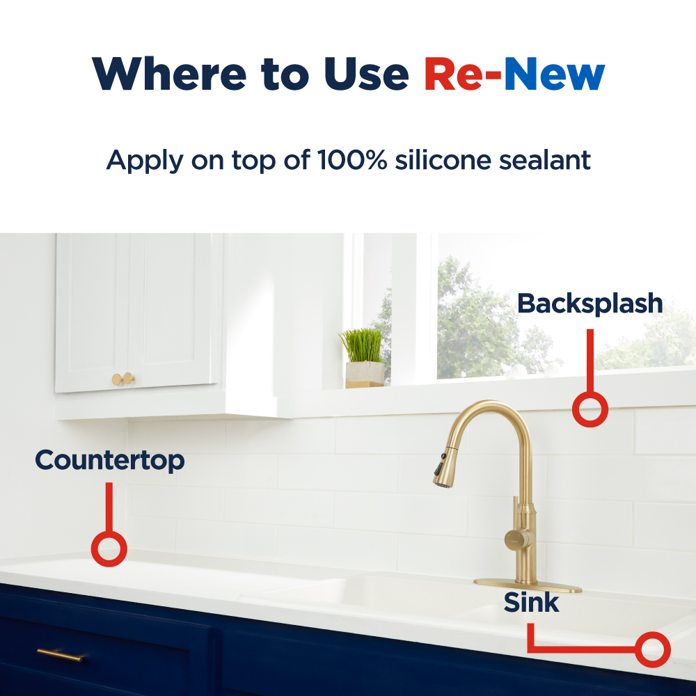 graphic displaying where to use Re-New Caulk in a kitchen including countertop, backsplash, and sink area.