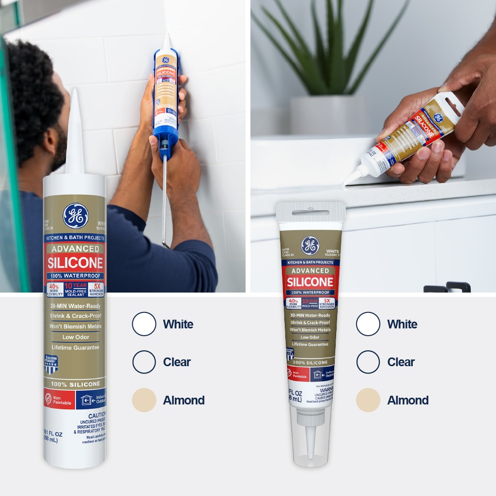 Advanced Silicone 2® Kitchen & Bath Sealant is available in cartridge and squeeze tube size, in colors white, clear, and almond.