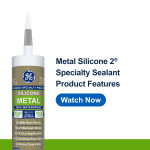 Image of GE Metal Silicone 2 sealant tube with a Watch Now button for product features.