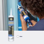 Image of a person applying Paintable Silicone Supreme caulk in white to a blue door frame.