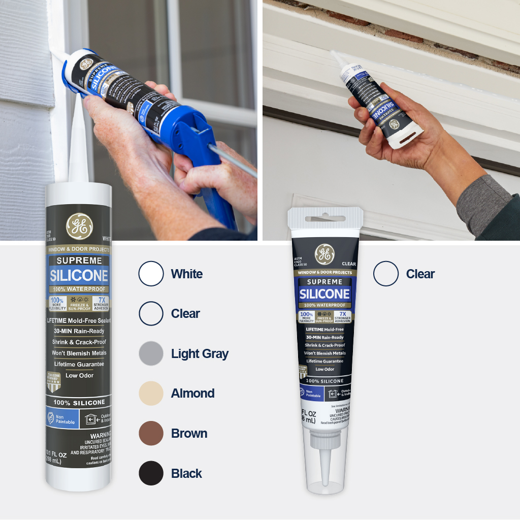 Supreme Silicone Window & Door Sealant is available in cartridge size, in colors white, clear, light grey, almond, brown, and black. The squeeze tube size is available in clear.