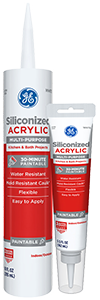Image of GE Siliconized Acrylic caulk in a cartridge and squeeze tube, paintable and water-resistant.