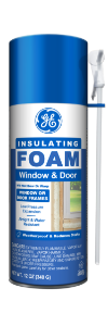 Image of a blue and white insulating foam can, labeled for window and door use, with an attached straw applicator.