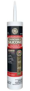 Image of a GE Paintable Silicone Supreme caulk tube in black and red packaging.