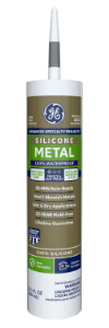 Photo of GE Silicone Metal sealant, 100% waterproof and mold-free, in a metallic gray 10.1 oz tube.