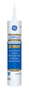 Image of GE Siliconized Acrylic Advanced Sealant for windows and doors, paintable and waterproof.