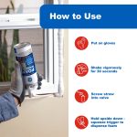 Image of instructions for using GE foam sealant: wearing gloves, shaking, attaching straw, and dispensing foam.