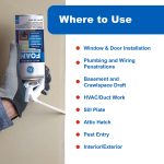 Image of foam sealant use guide, listing applications like window installation, HVAC, and pest control.