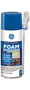 Image of GE Multi-Purpose Foam, premium white, all-weather, and UV resistant, in a 12 oz can with nozzle.