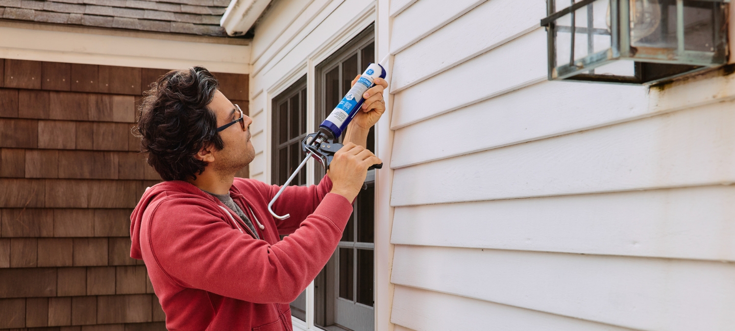 Sealant applied on an exterior window frame.