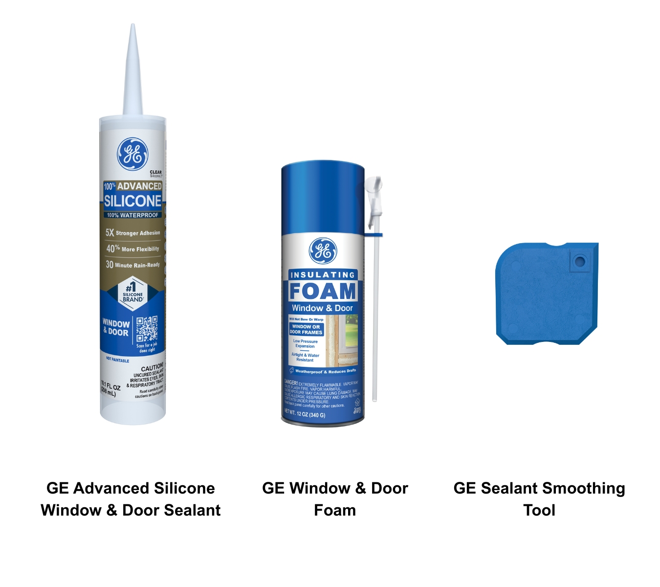 GE Advanced Silicone Window & Door Sealant, Window & Door Foam, and the Smoothing Tool.
