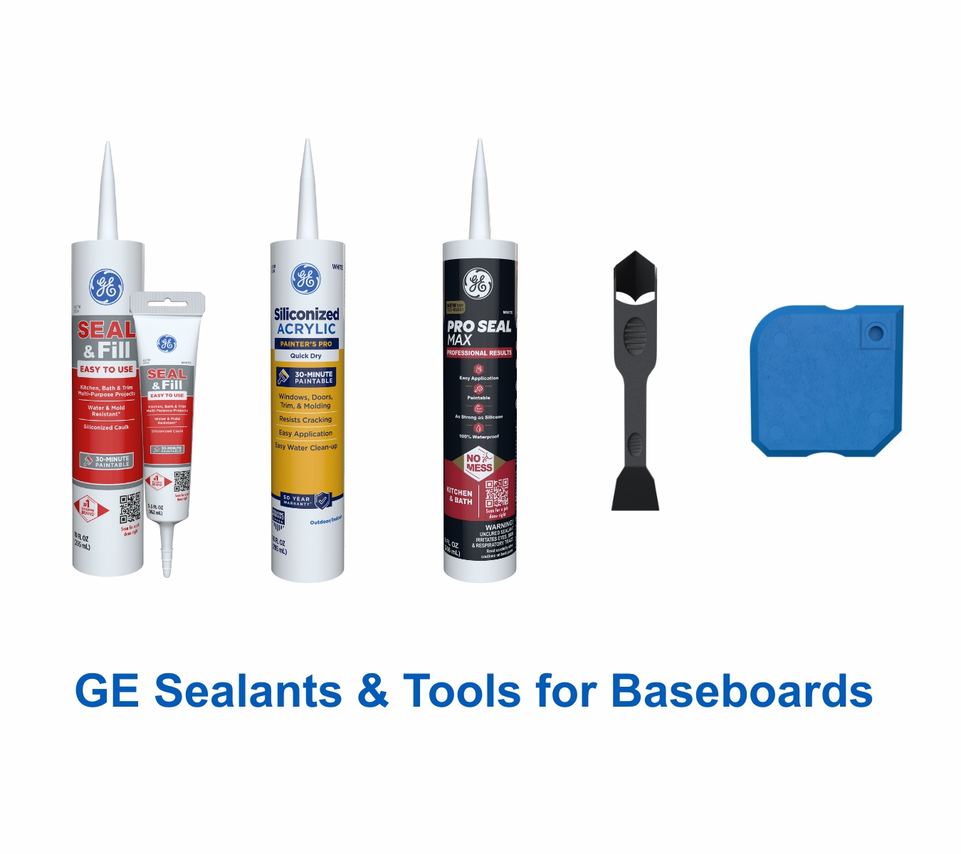 GE Sealant products and tools used for baseboard caulking, including Seal & Fill Multi-Purpose Kitchen & Bath Caulk, Painter’s Pro Quick Dry Siliconized Acrylic, Pro Seal Max Kitchen & Bath, GE Sealant Smoothing Tool, and GE Sealant Remover Tool.
