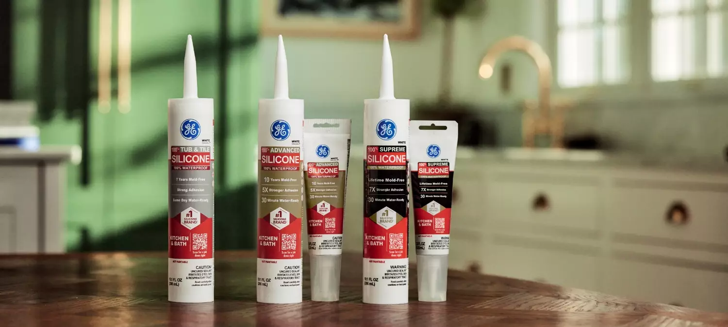 GE Kitchen & Bath Silicone Sealants shown in a kitchen setting.