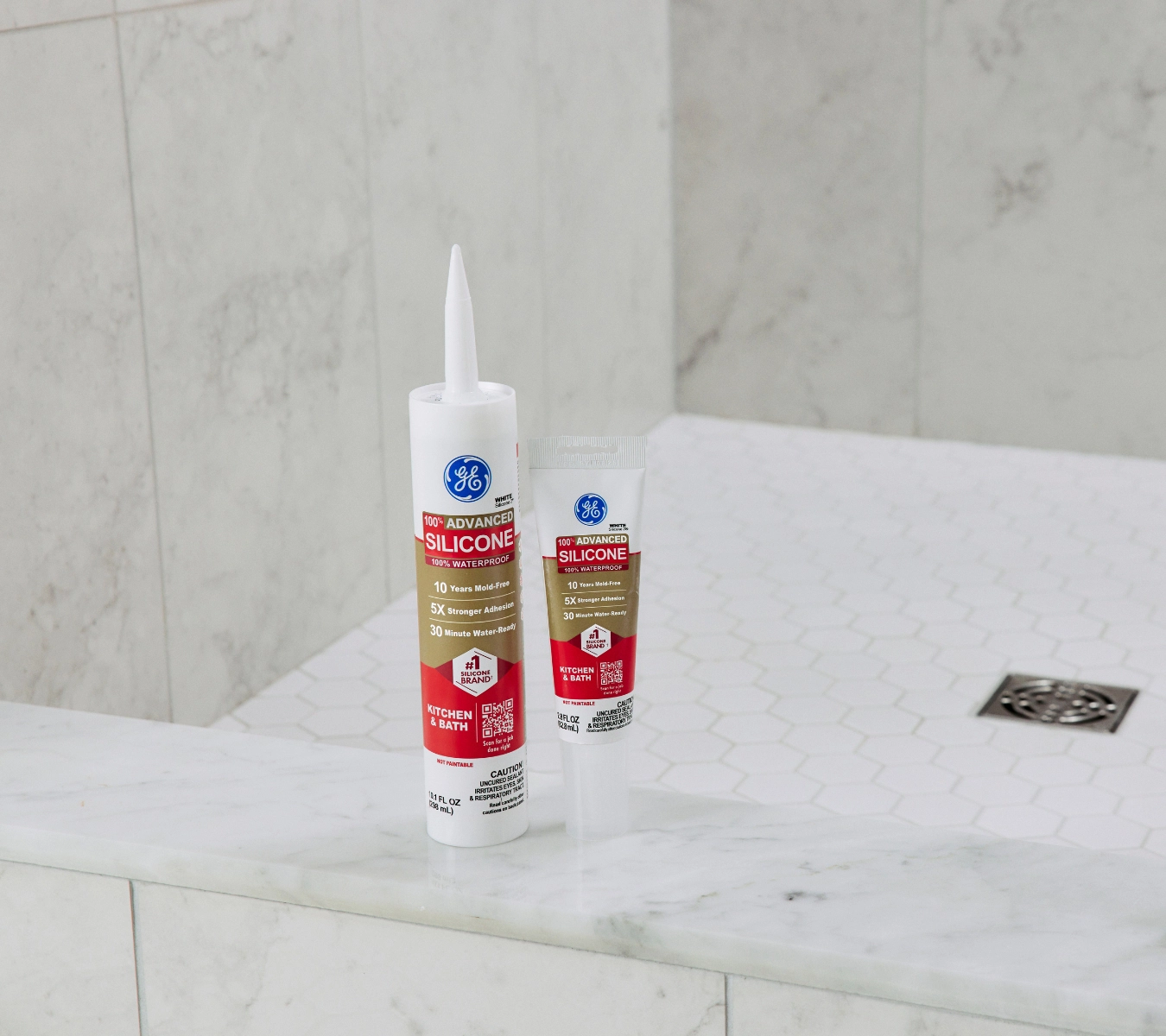 GE Advanced Kitchen & Bath Silicone shown in bathroom setting—ideal for wet zones with mold risk.