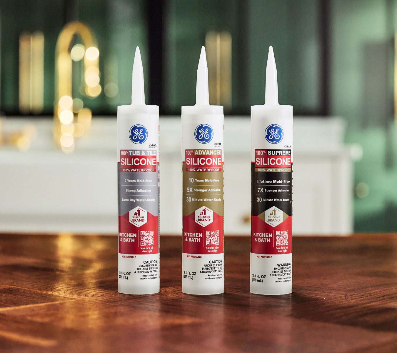GE kitchen and bath silicone sealants staged side-by-side, including Advanced and Supreme high-temperature rated products.