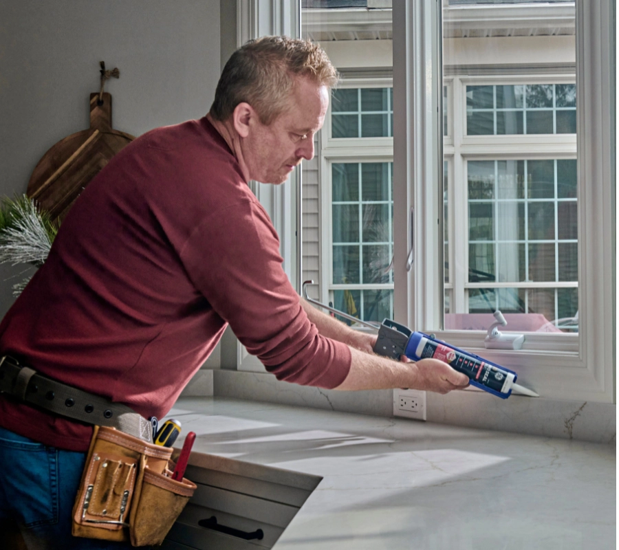 A pro uses a caulk gun to apply sealant along a kitchen backsplash.