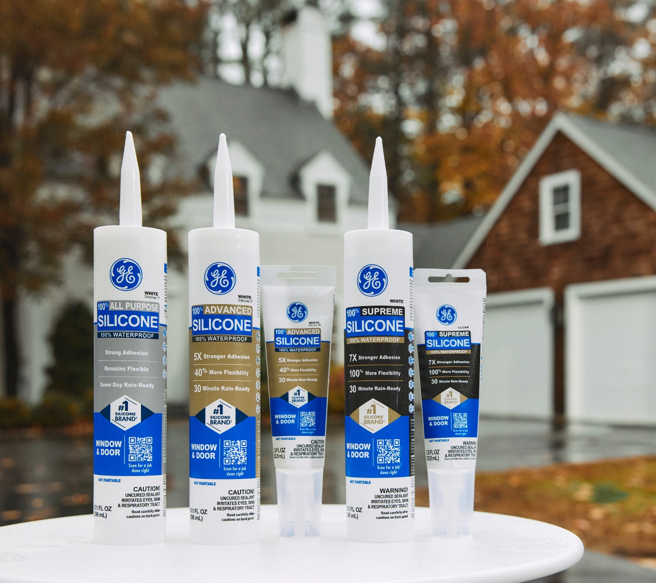 GE silicone sealants displayed outdoors.