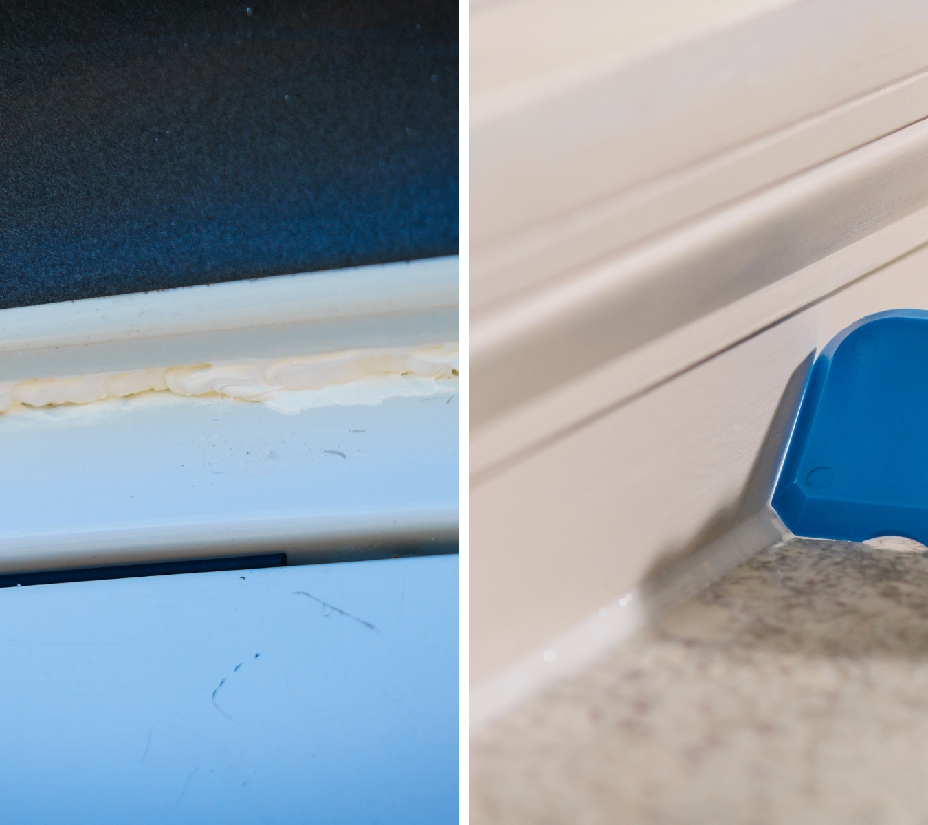 Comparison of uneven and properly tooled silicone sealant lines showing professional finish quality under light.