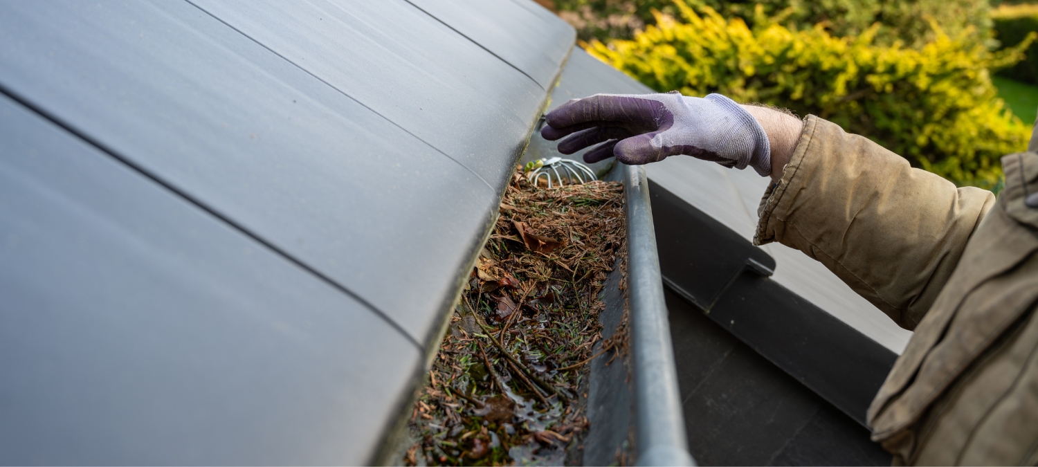 Homeowner cleaning gutters and downspouts to keep water flowing away from the home during annual maintenance.