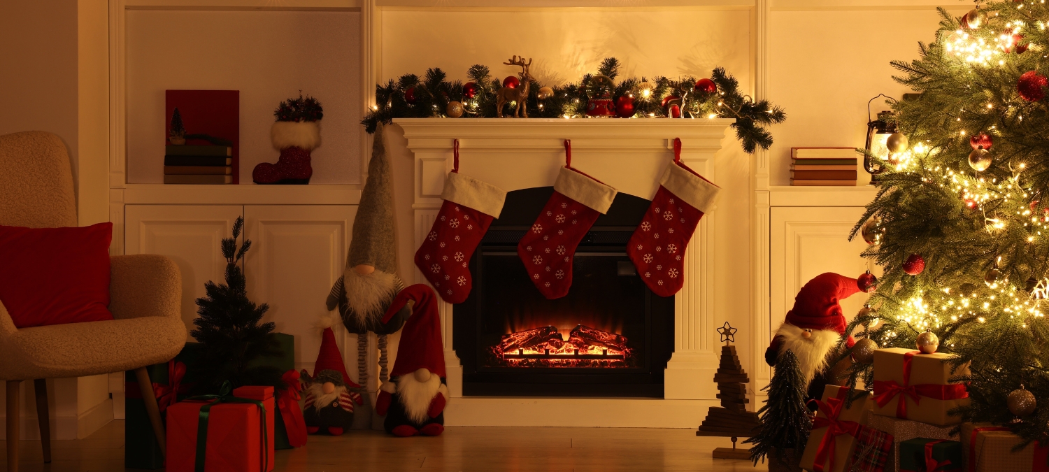 A Christmas stocking hangs over the fireplace.