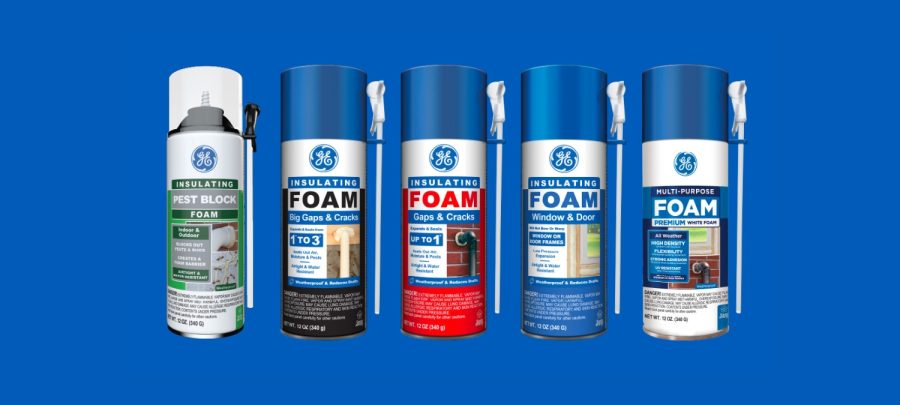 GE insulating foam products used for window and door installations, including GE Pest Block Insulating Foam, Big Gaps & Cracks Insulating Foam, Gaps & Cracks Insulating Foam, Window & Door Insulating Foam, and Multipurpose Foam.