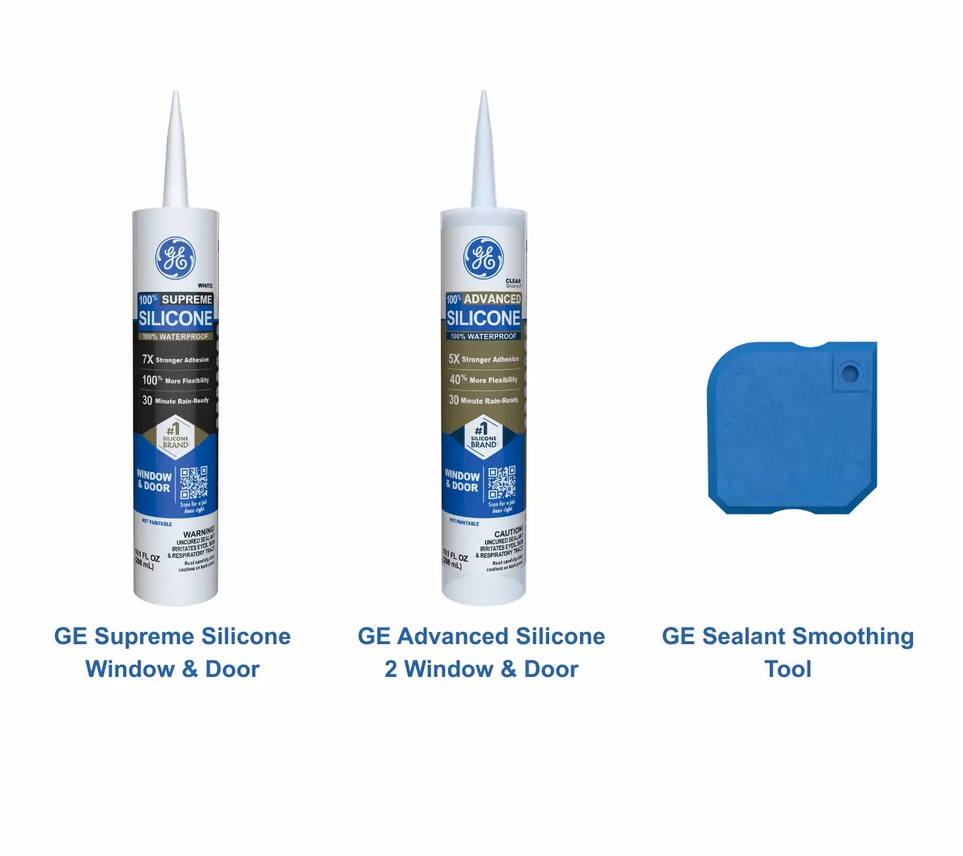 A photo of GE Supreme Silicone Window & Door Sealant, GE Advanced Silicone Window & Door Sealant, and GE’s Sealant Smoothing Tool.