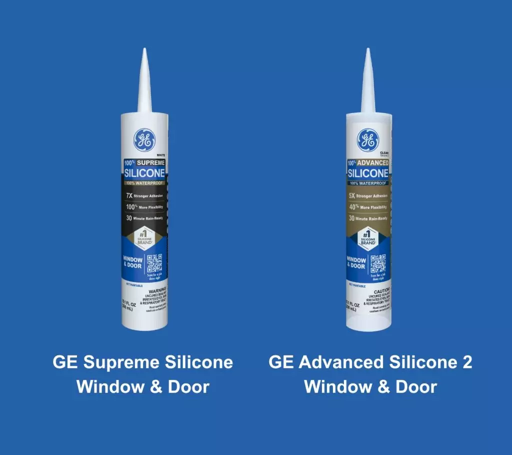A photo of GE Supreme Silicone Window & Door Sealant and GE Advanced Silicone Window & Door Sealant.