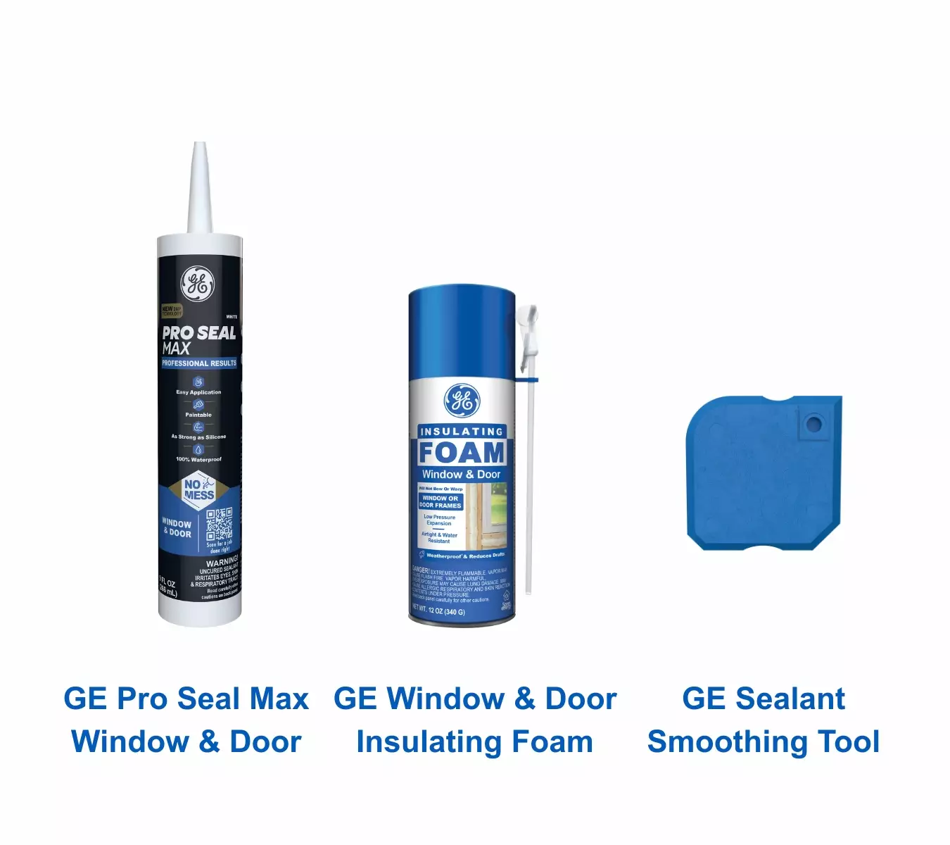 A shot of the core retrofit kit: GE Pro Seal Max Window & Door, GE Window & Door Insulating Foam, and GE Sealant Smoothing Tool.