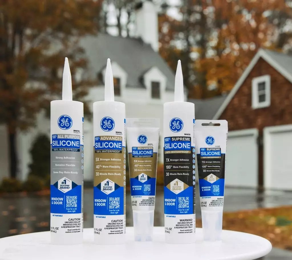 A photo of a lineup of GE Window & Door Silicone Sealant products