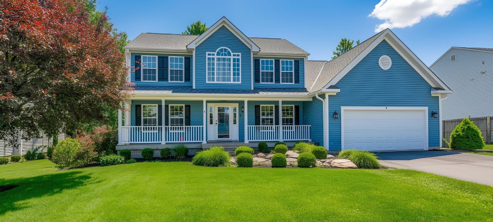 Blue suburban house with front porch, garage, and large green lawn.